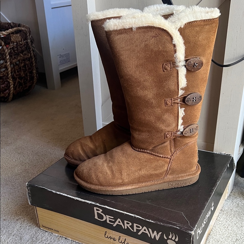 BearPaw Tan Boots with White Fur and Button Accents